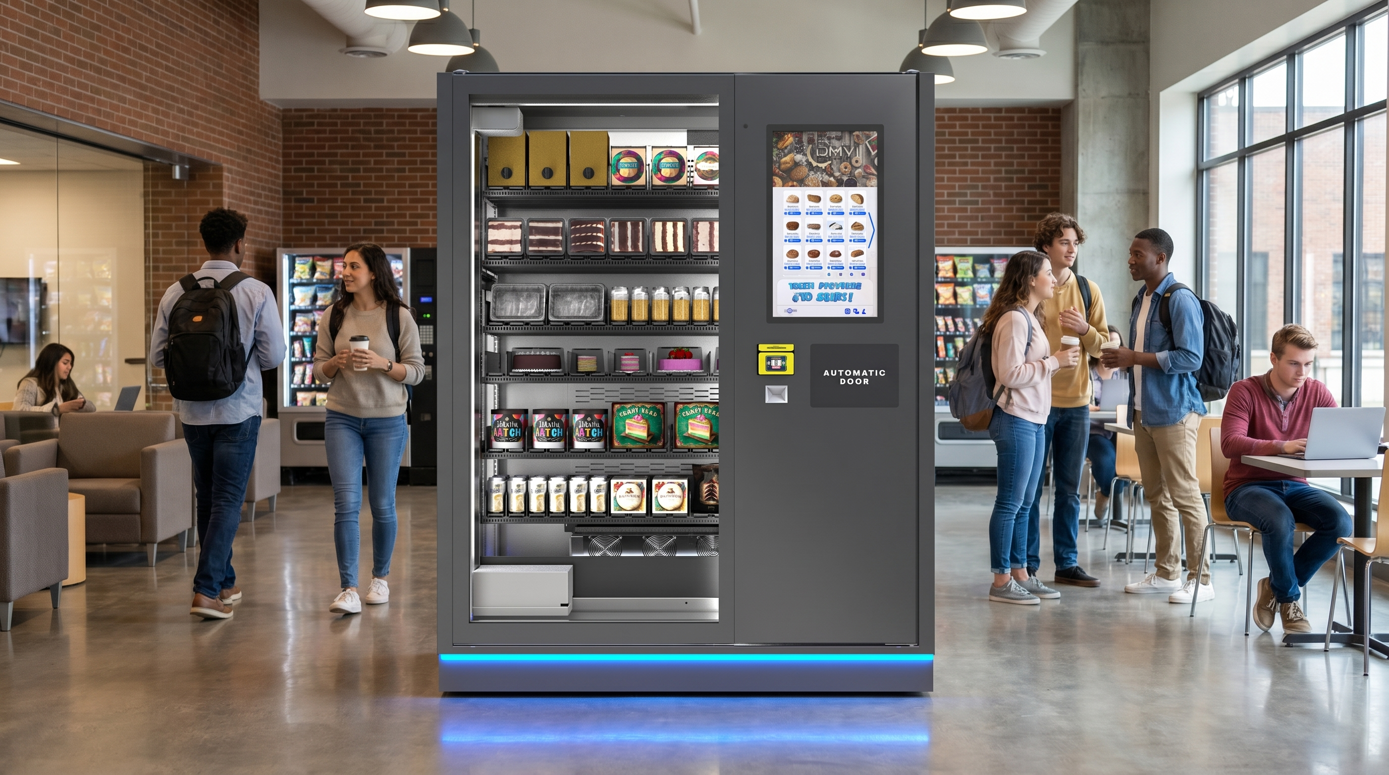 Large M5 pop vending machine in a cafeteria showing its depth and dimensions
