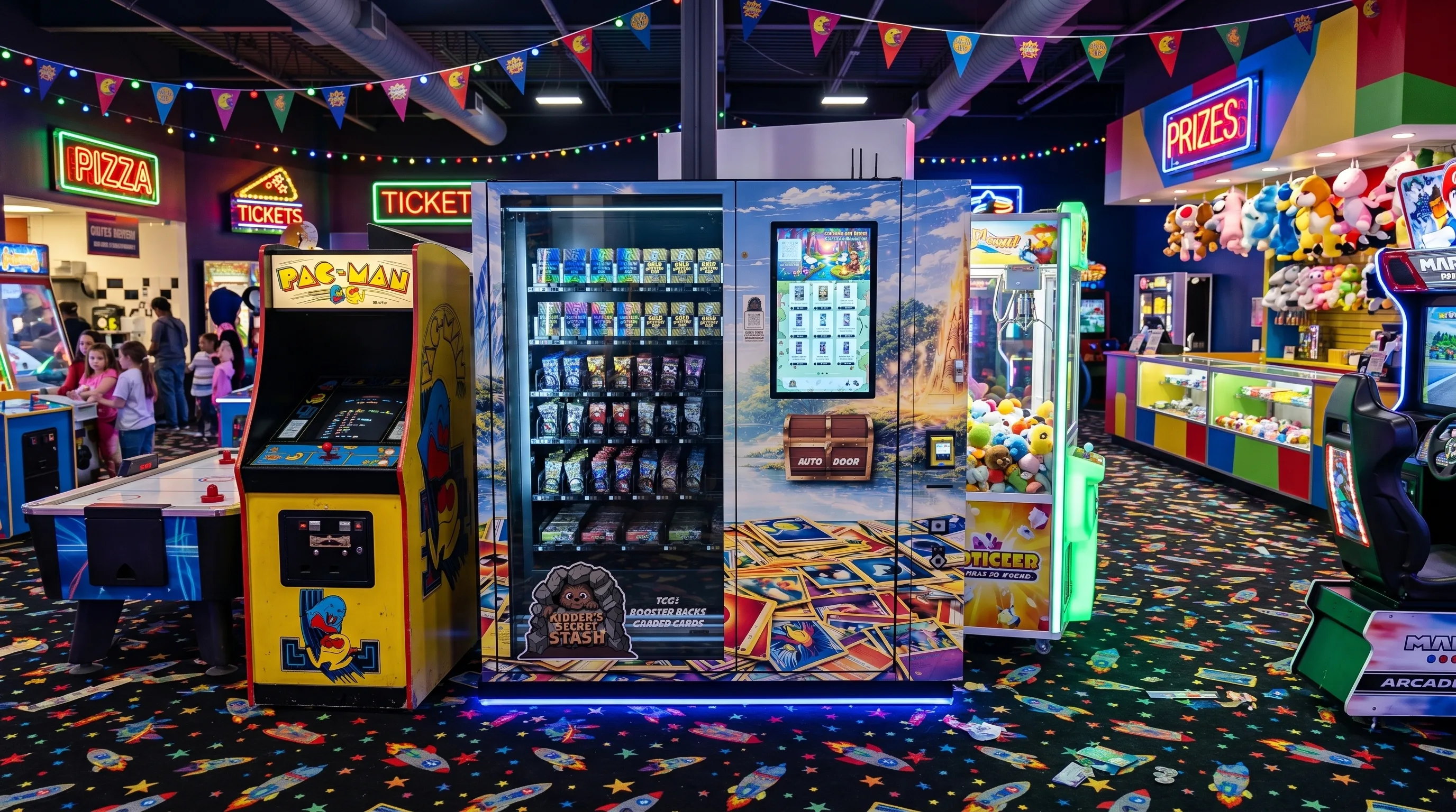 TCG vending machine in an arcade environment