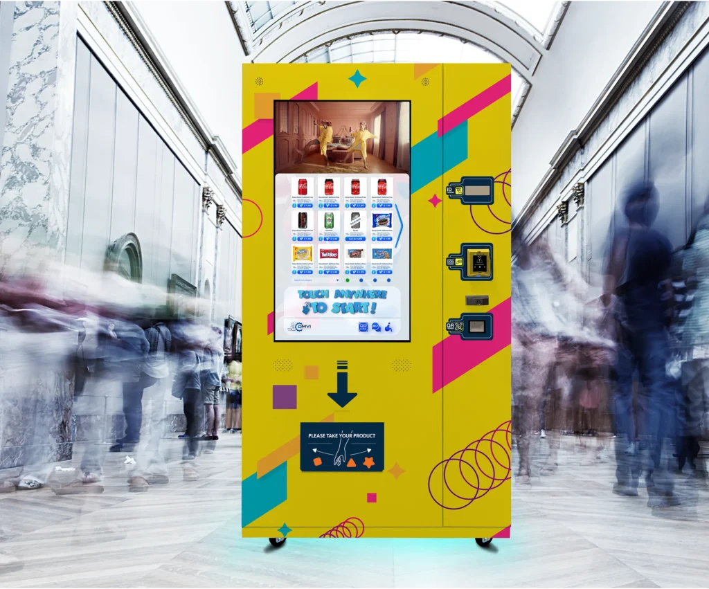 DMVI touchscreen retail cabinet in a bright public concourse