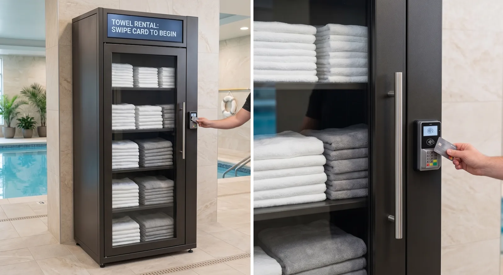 Poolside automated towel retail kiosk for hospitality, spa, and leisure use