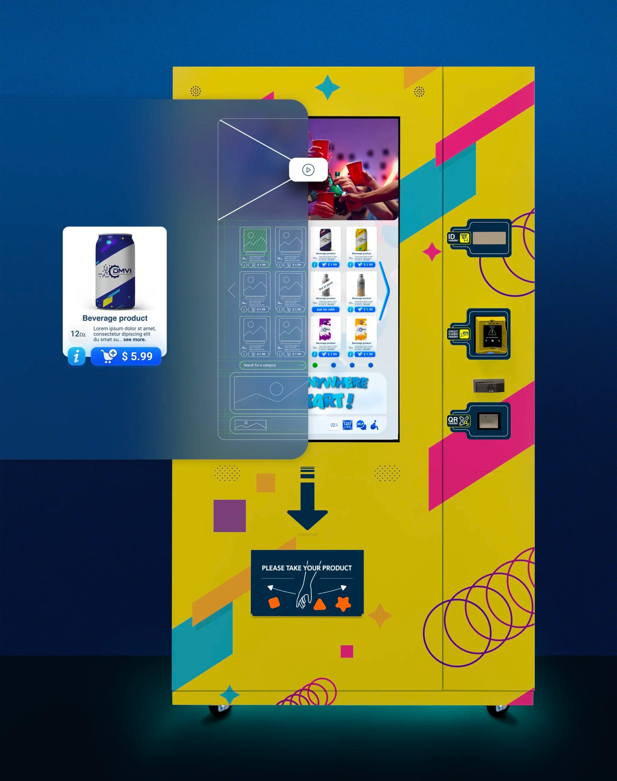 Smart vending machine with overlaid UI screens