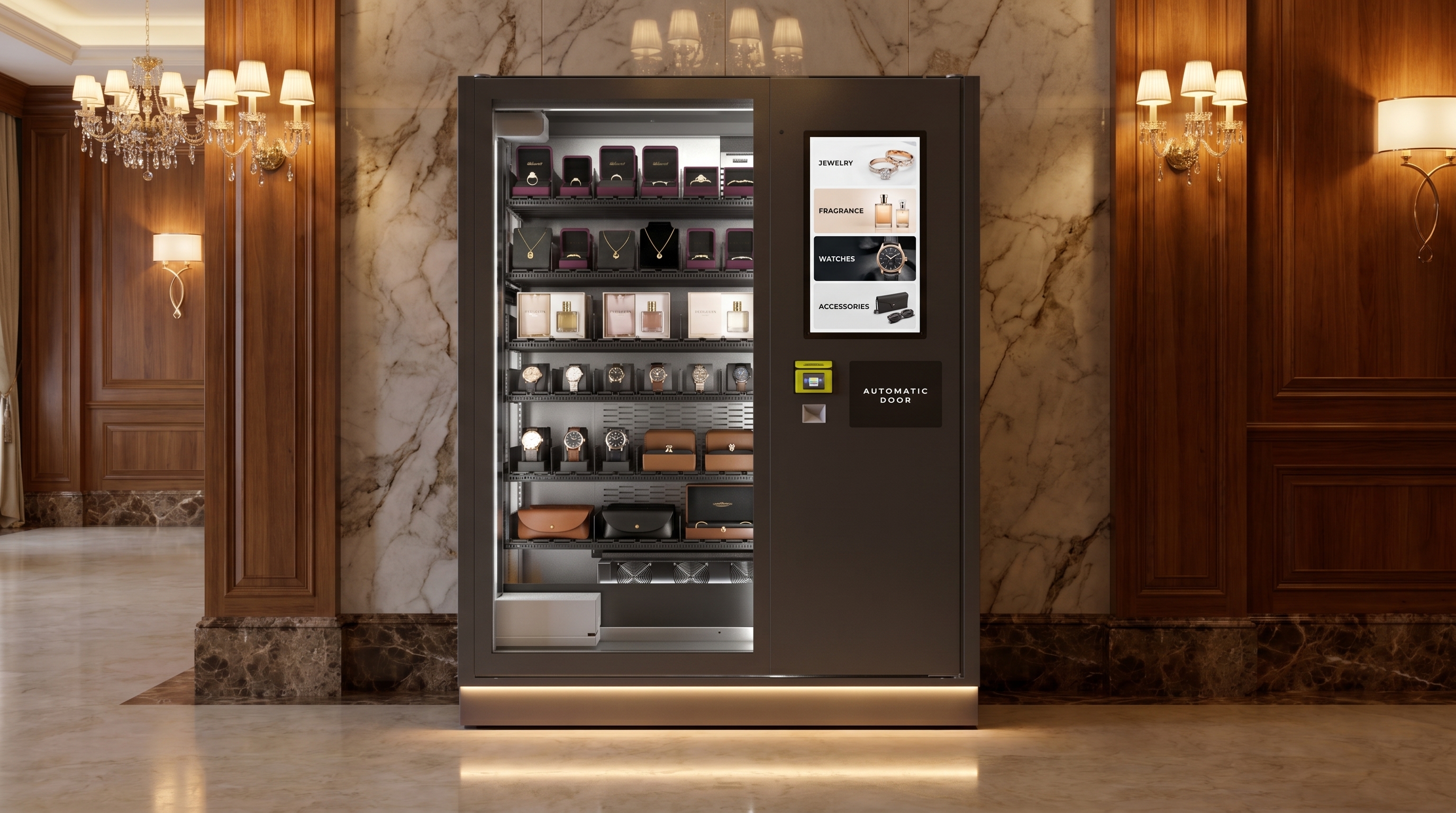 Premium jewelry vending machine merchandising luxury accessories in an upscale retail environment