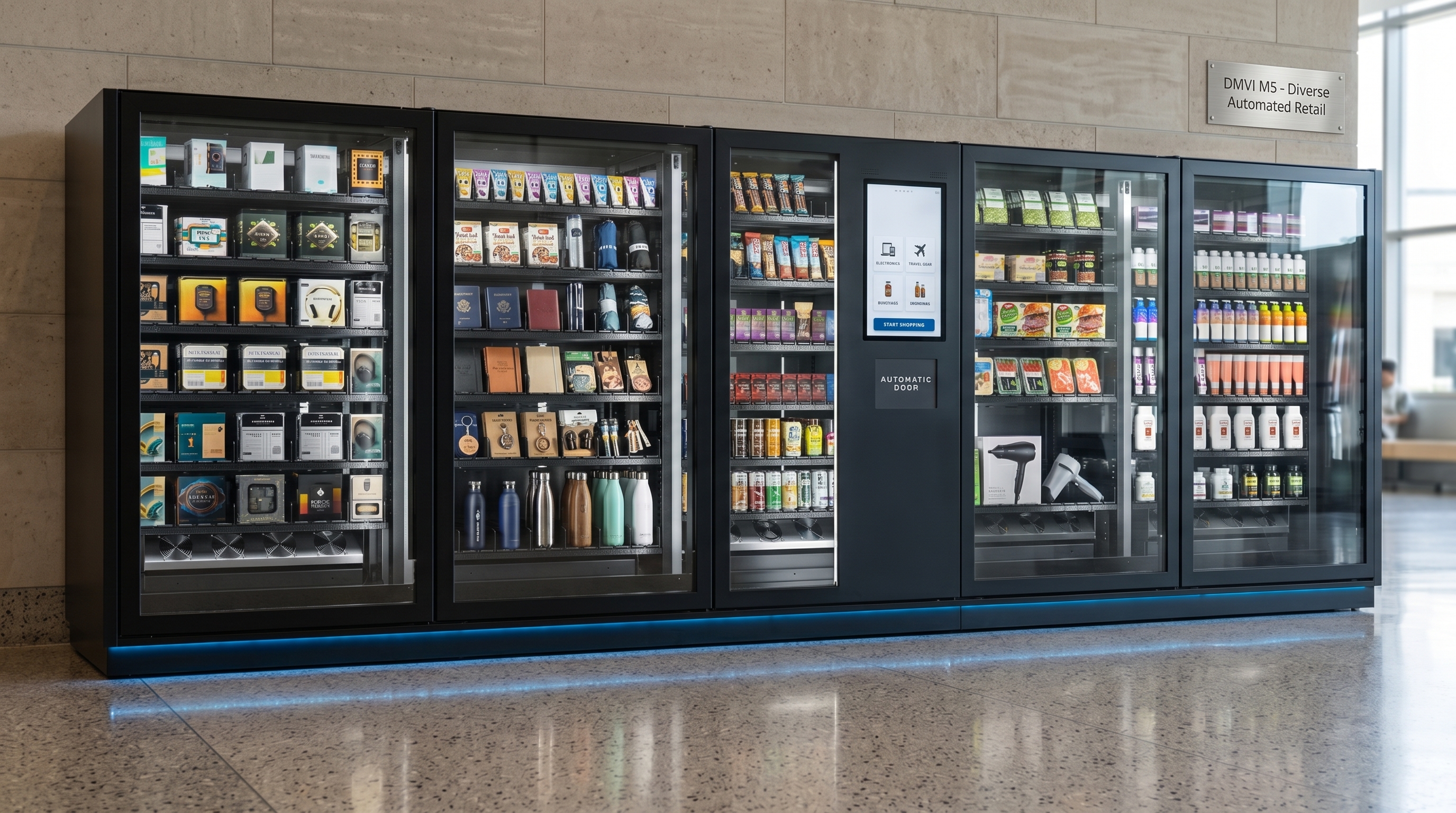 DMVI autonomous retail machine with a broad mixed-product assortment in a polished public interior
