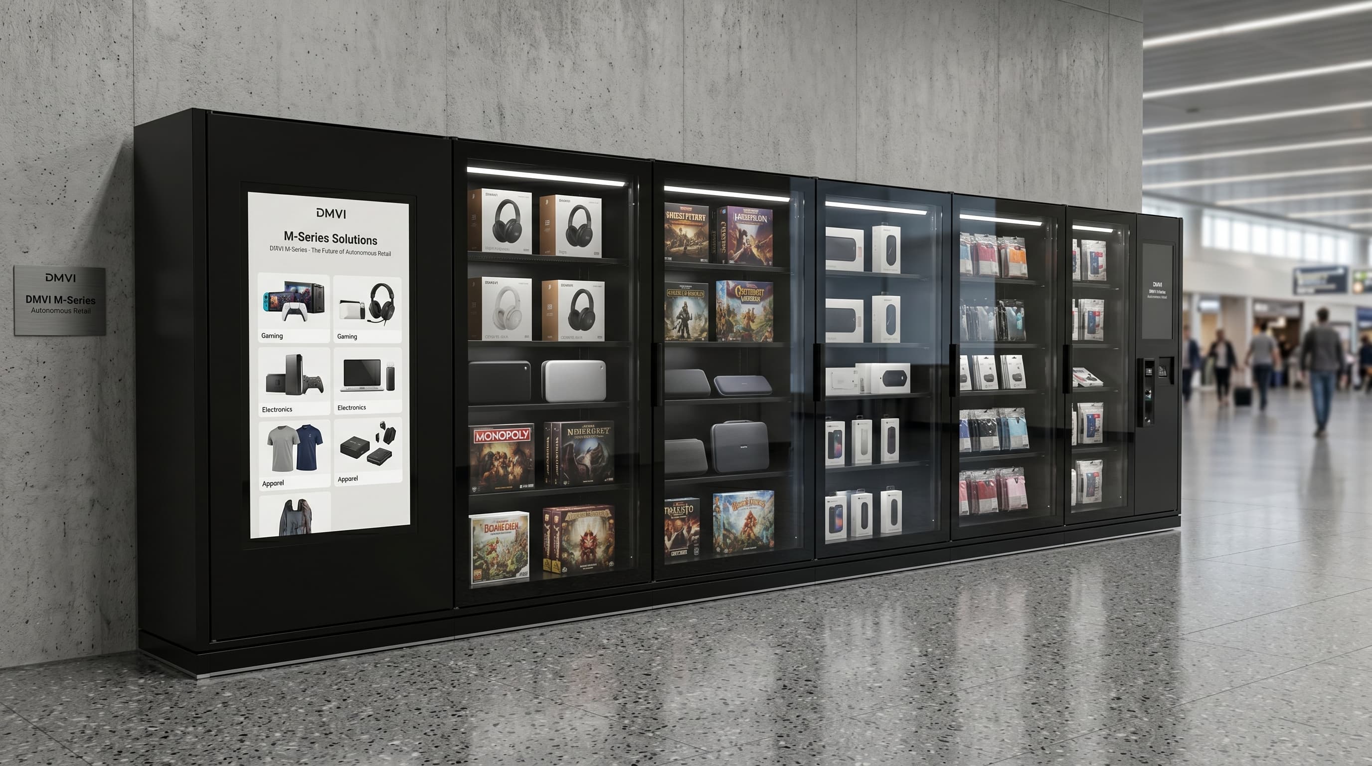 Large-format DMVI autonomous retail machine in a busy commercial interior