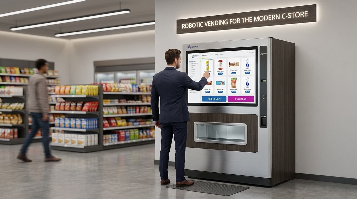 Touchscreen DMVI vending machine in a modern convenience-store environment