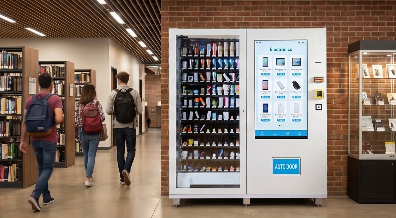 Electronics vending machine with phones and accessories in a campus tech corridor