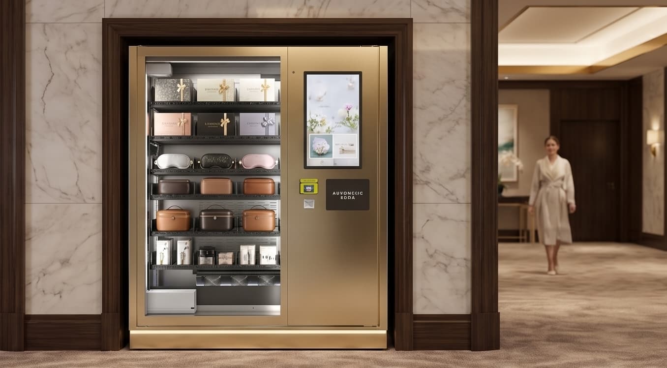 DMVI luxury M-Series vending machine in a refined hotel-lobby setting
