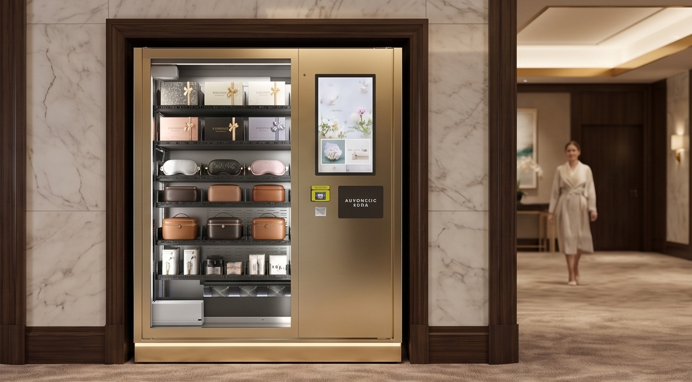 Luxury fragrance vending machine in a hotel lobby boutique corner