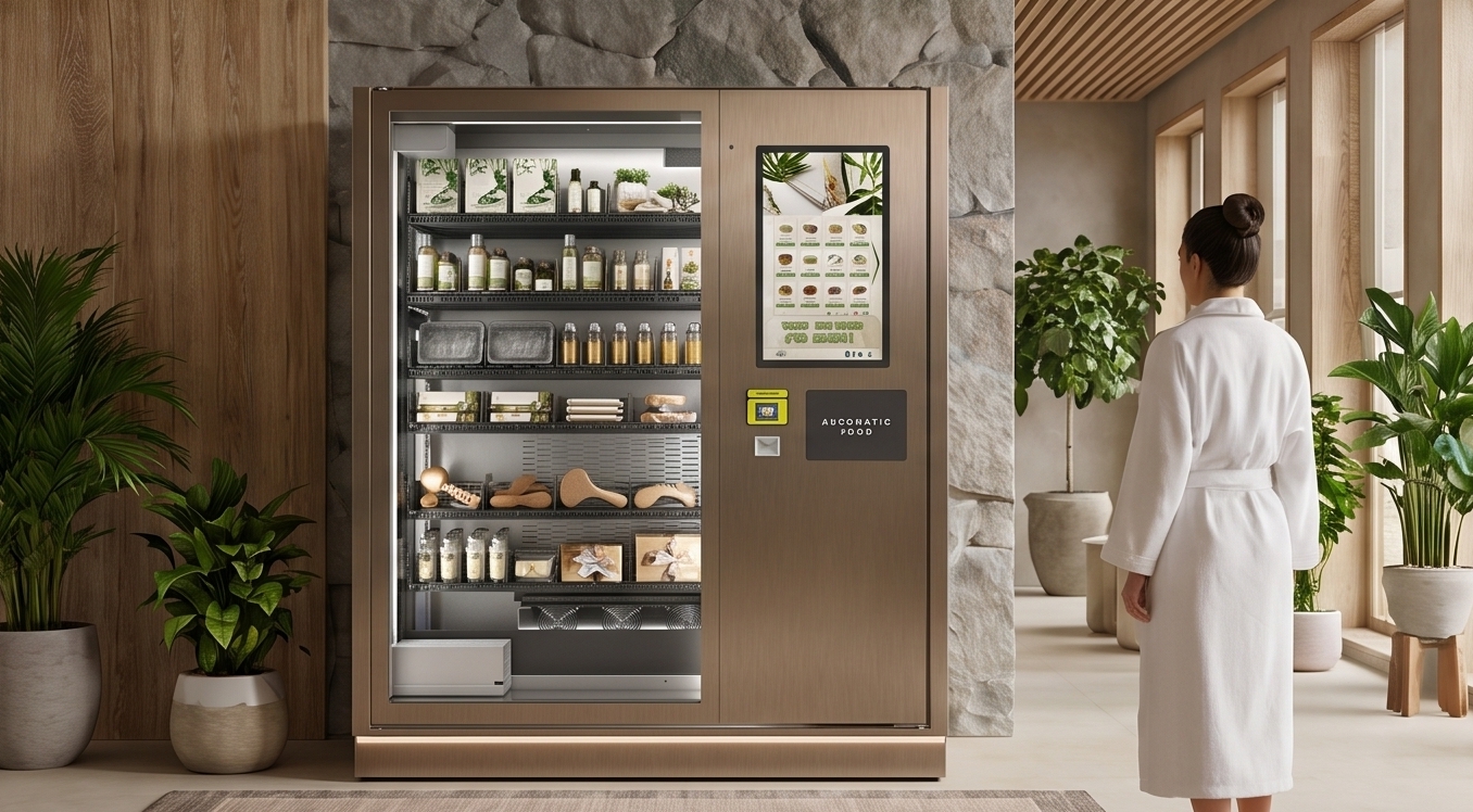 Luxury retail vending machine with premium beauty products in a resort spa setting