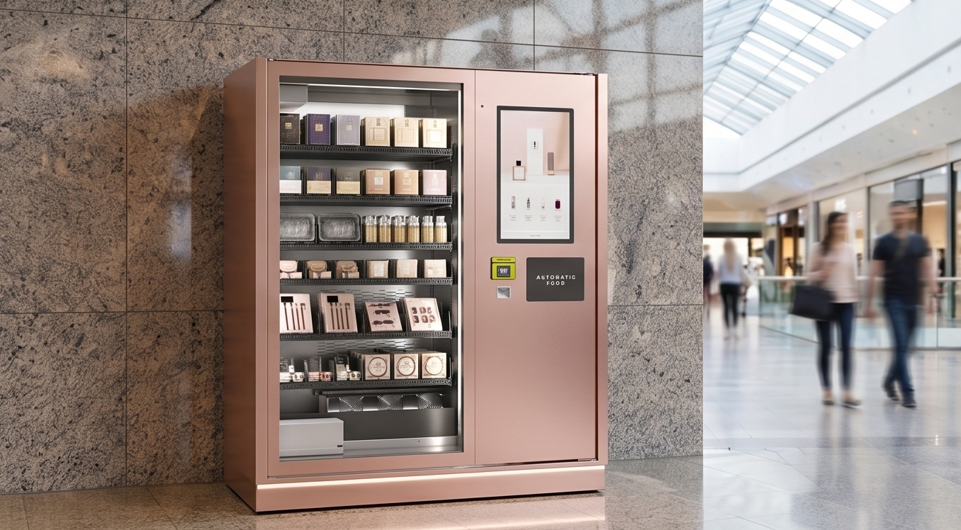 Luxury beauty and fragrance vending machine in an upscale shopping concourse