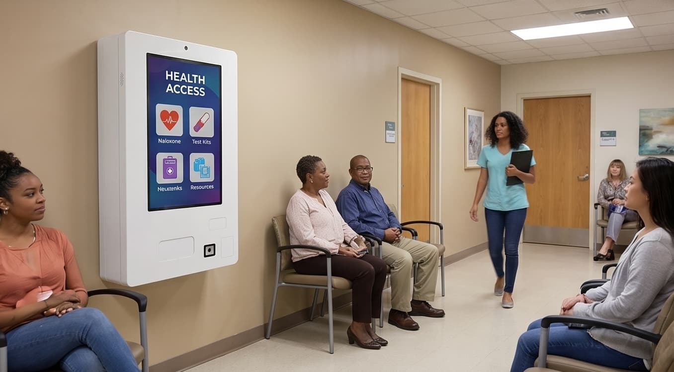 Health-access vending machine in a community clinic lobby