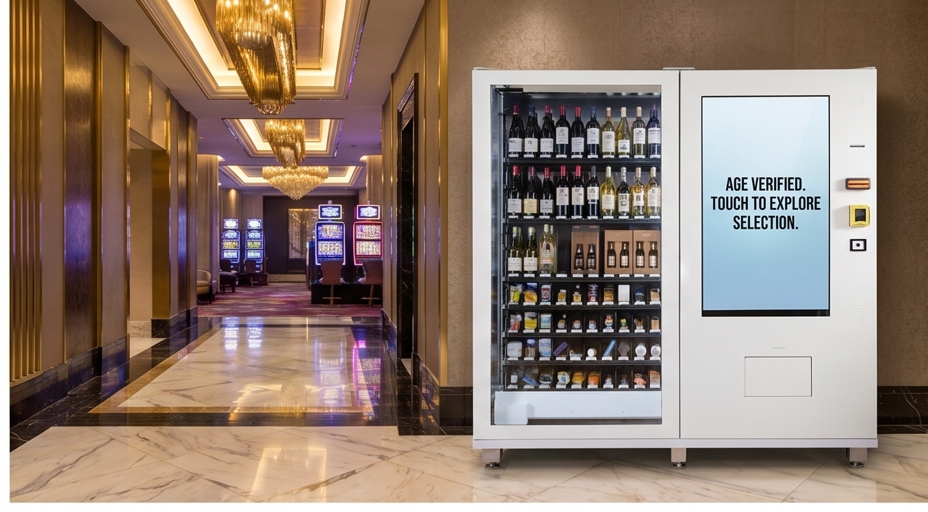 Age-verified liquor vending machine in a casino or entertainment corridor