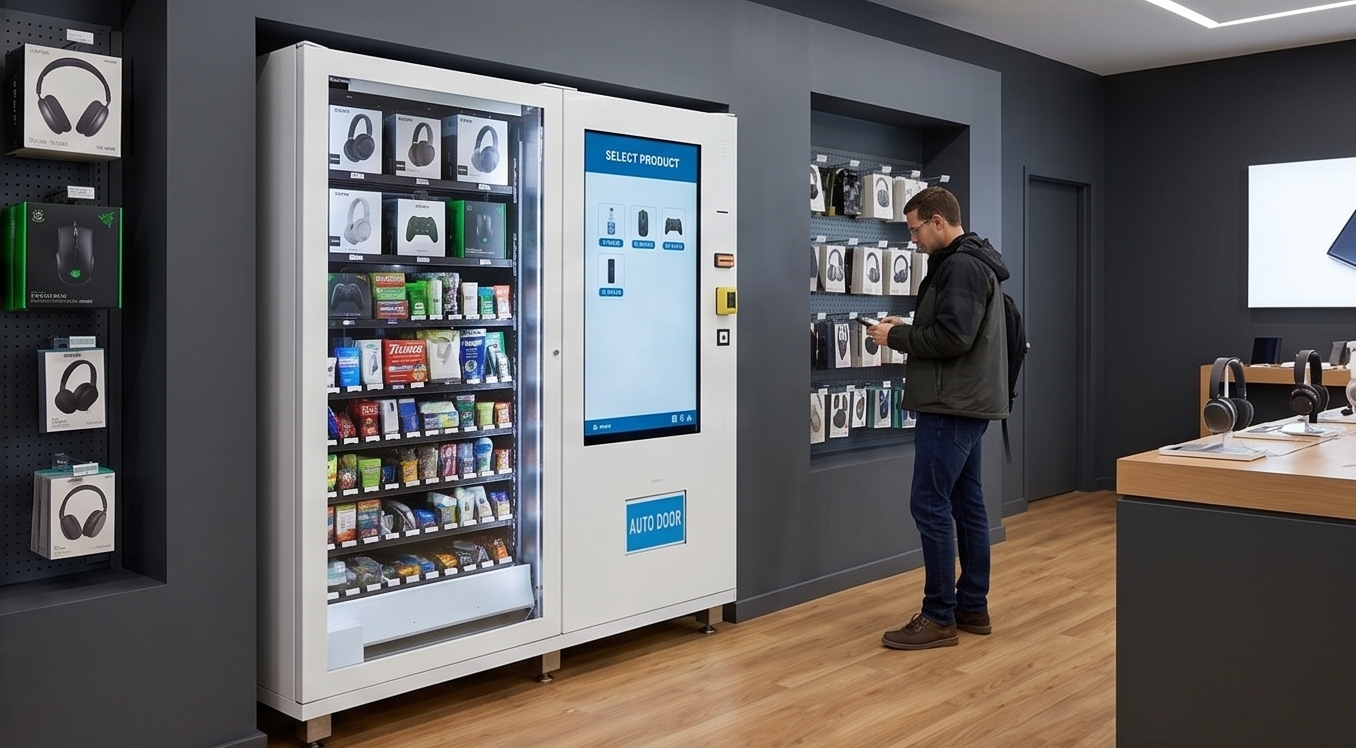 Controlled-dispensing vending machine for high-value electronics in a retail store
