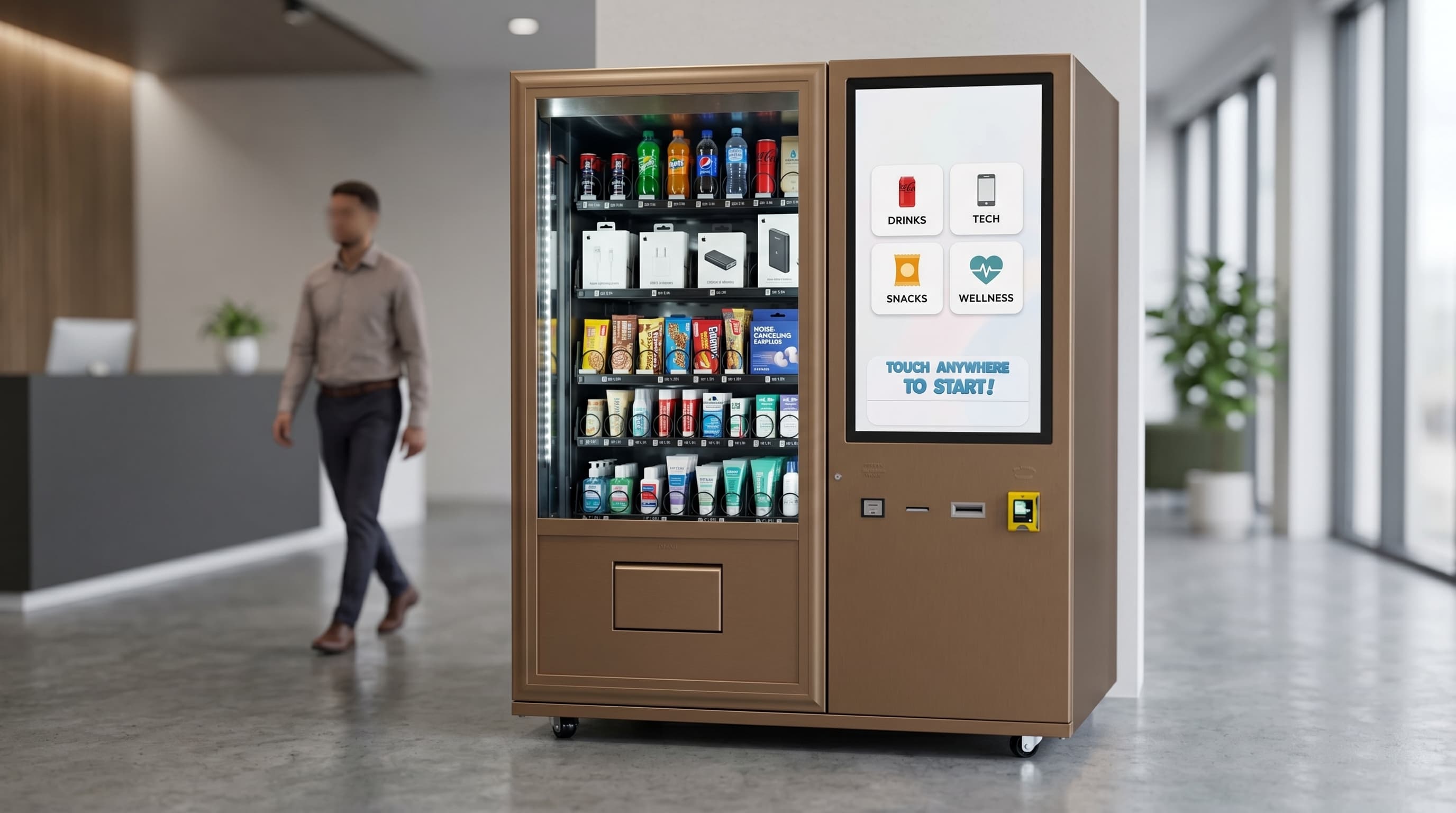 DMVI smart vending machine in a polished corporate lobby retail setting