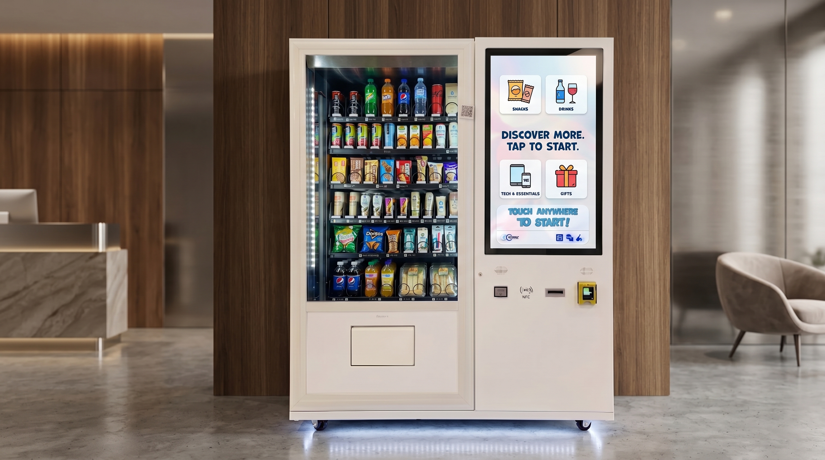DMVI smart vending machine in a polished hotel lobby convenience setting