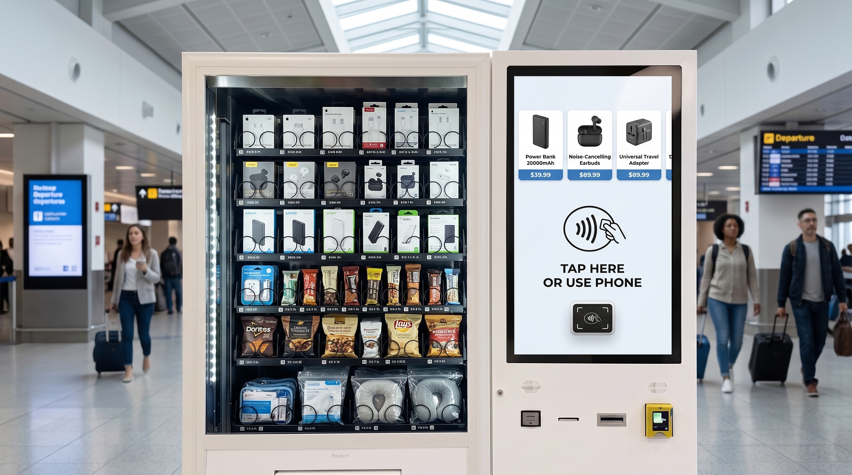 DMVI smart vending machine with cashless payment-ready interface in an airport concourse