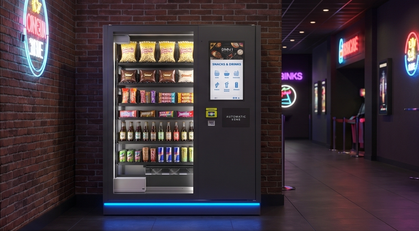 Snack and specialty food vending machine in an entertainment venue corridor