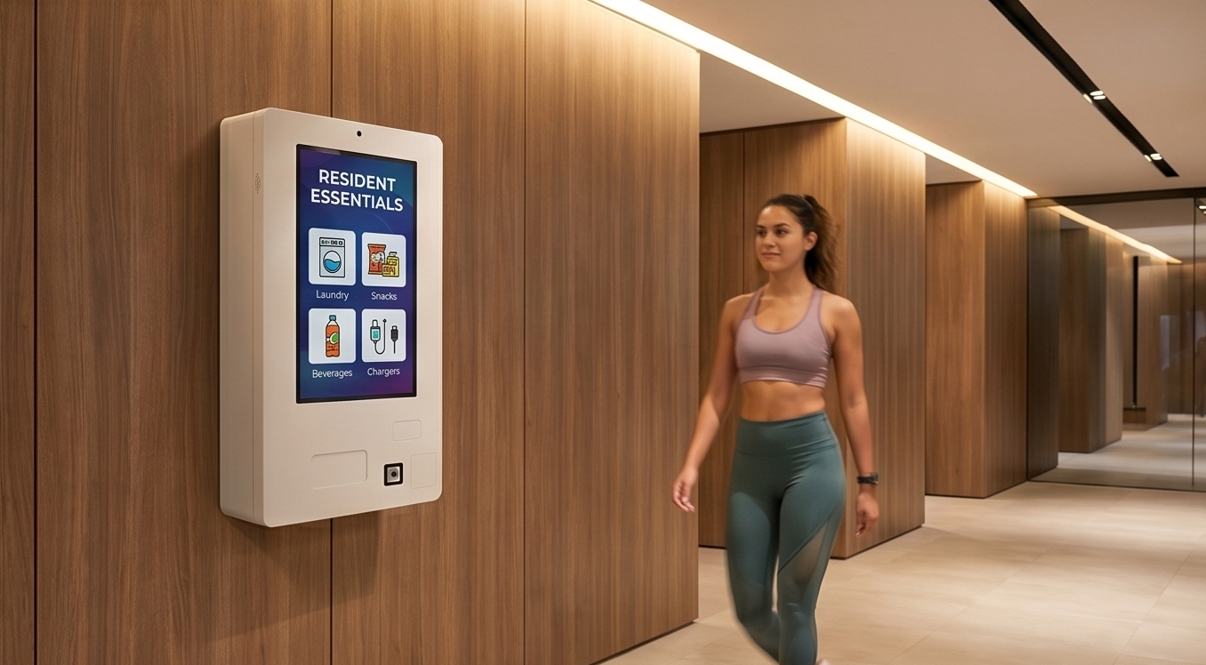 Wall-mounted vending machine in an apartment amenity hallway
