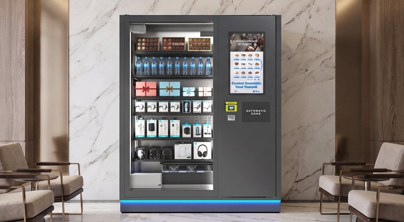 Custom vending machine in a corporate lobby retail corner