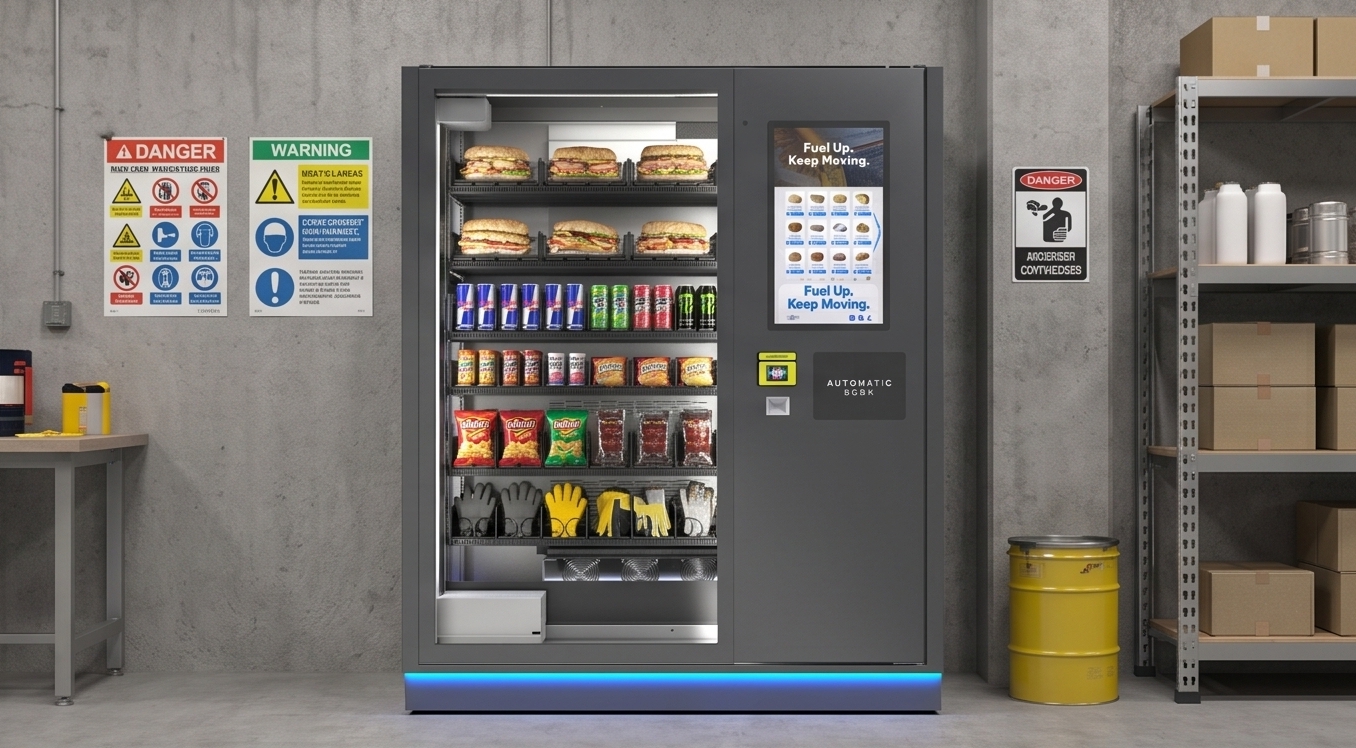 Custom vending machine in an industrial workplace amenity space
