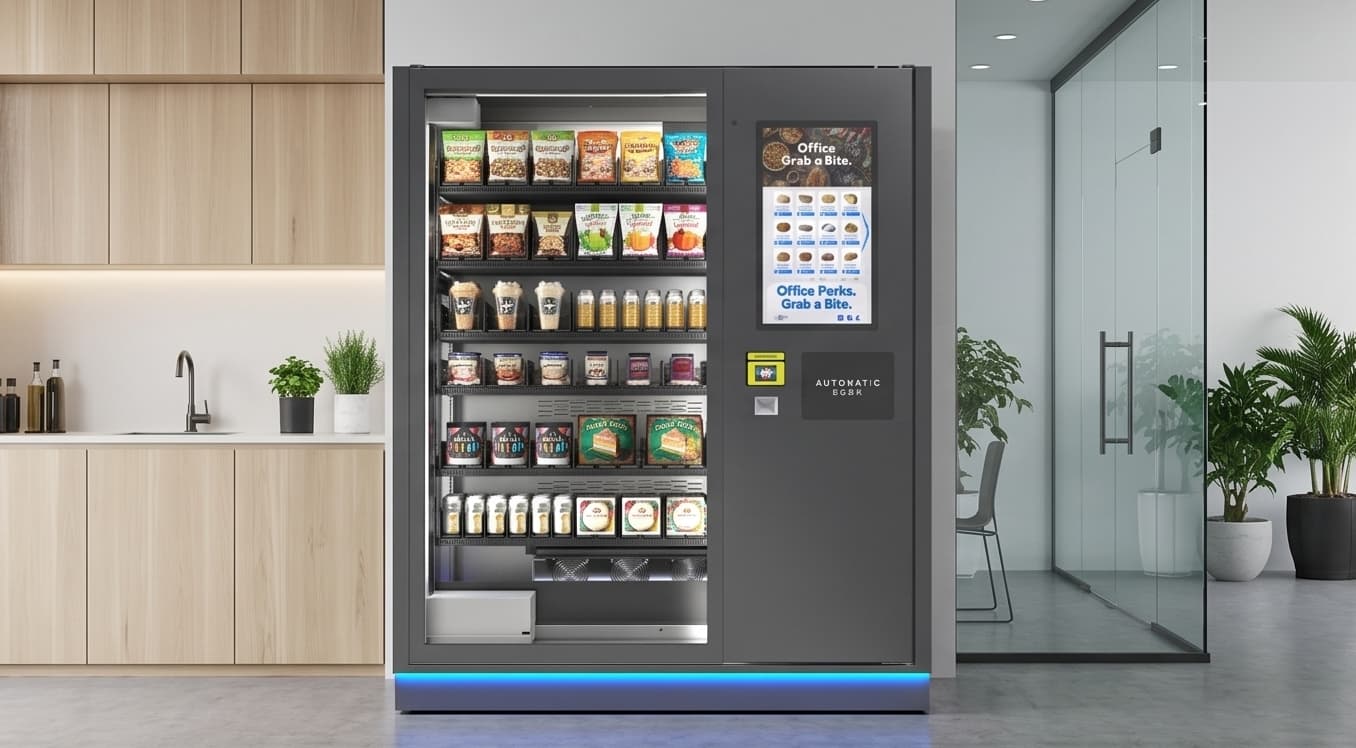 Custom workplace vending machine in a modern office break area