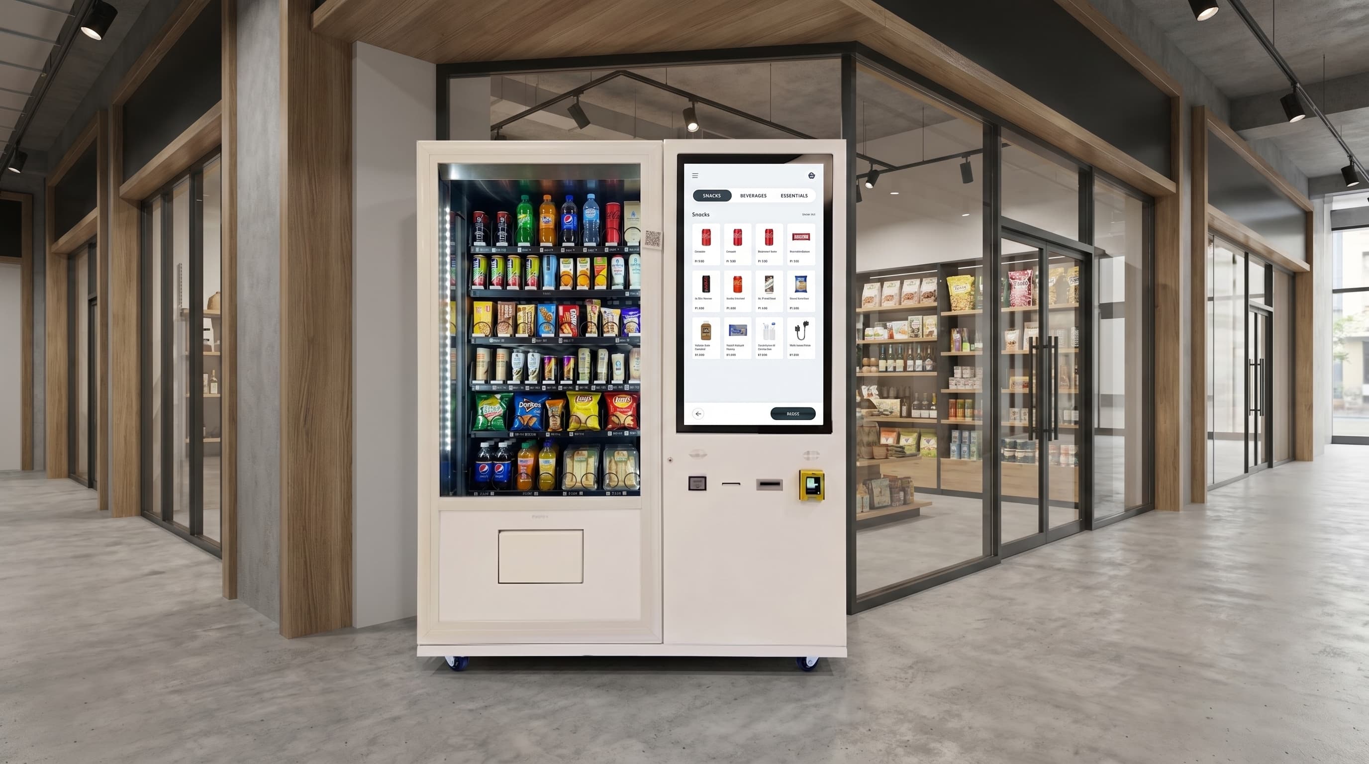 DMVI smart vending machine in a modern retail walkway