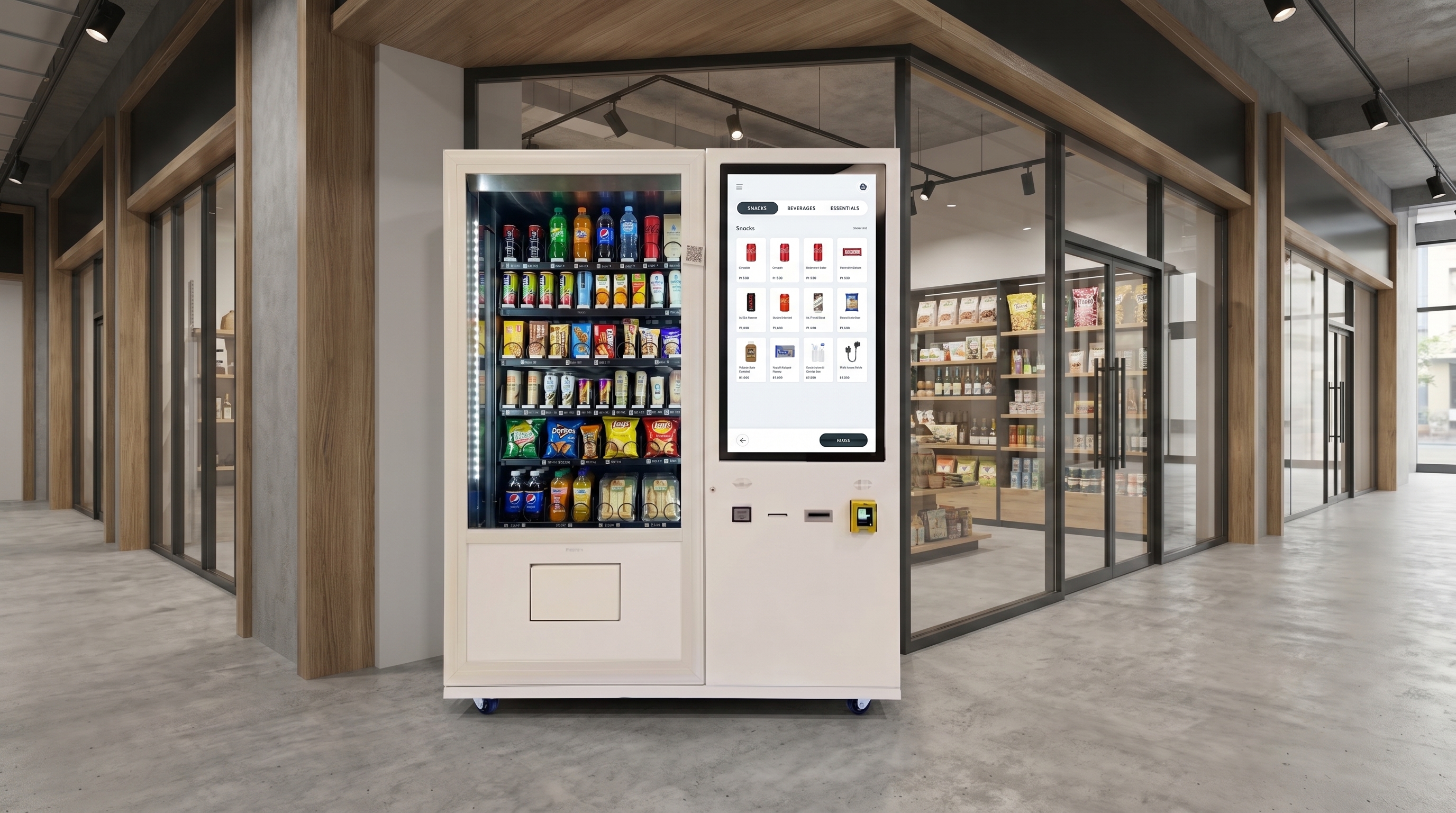 DMVI smart vending machine in a modern retail walkway
