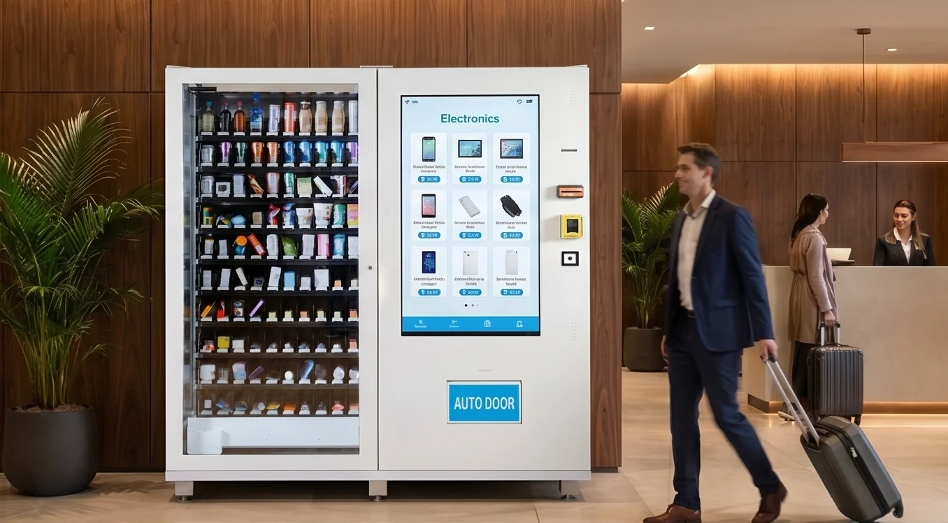 Electronics vending machine in a hotel lobby