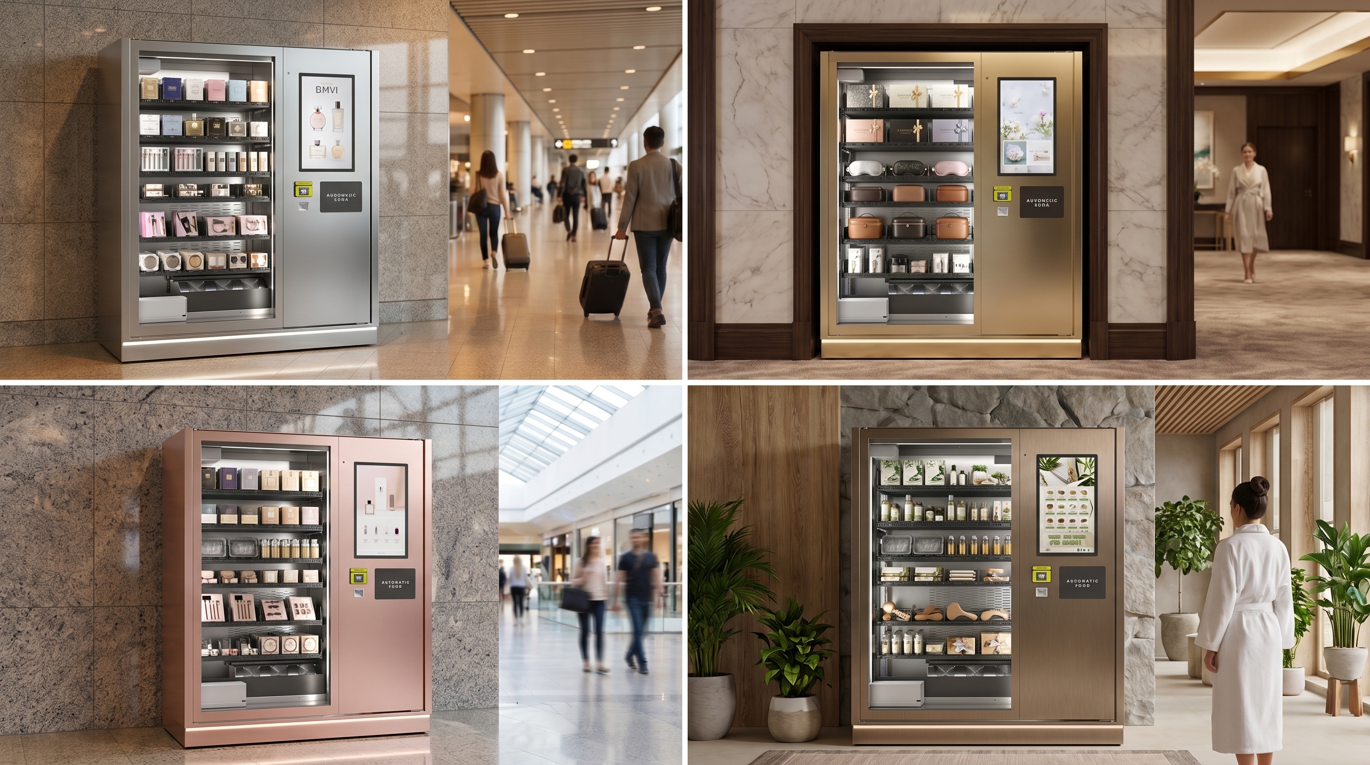 Concept board showing four luxury fragrance vending placements for airport, hotel, mall, and spa environments