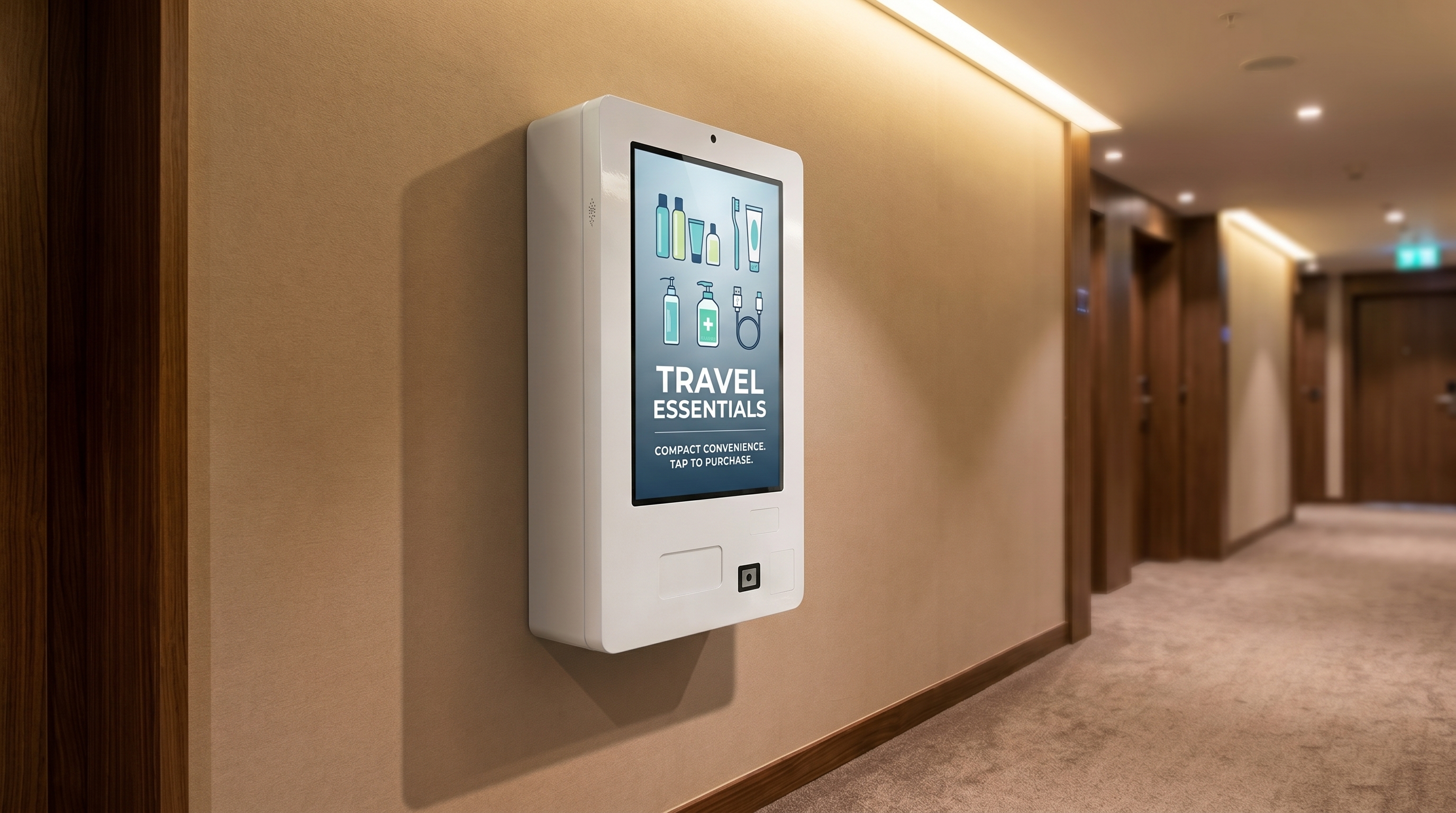 Wall-mounted vending machine in a polished hotel corridor setting