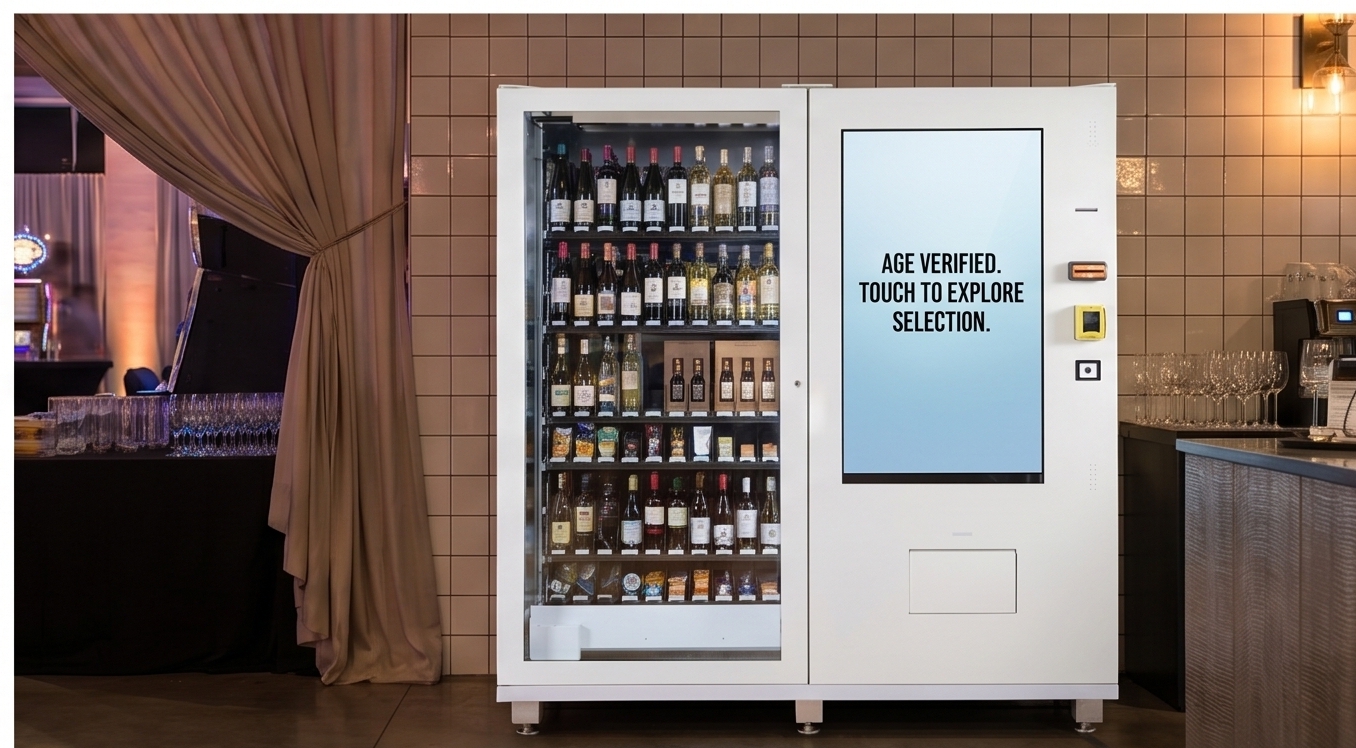 Age-verified liquor vending machine in an event venue hospitality setting