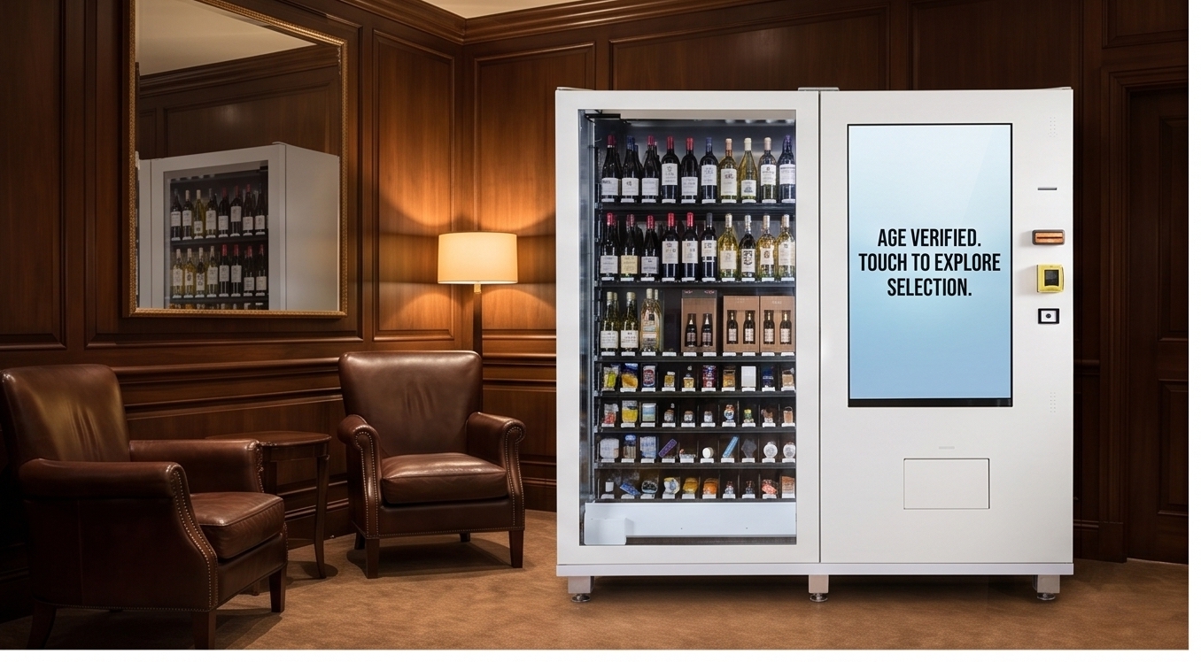 Wine and liquor vending machine in a premium hotel lounge environment