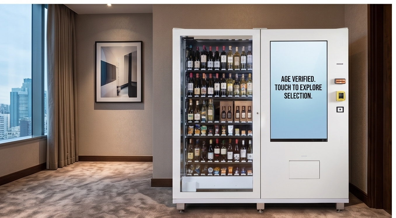 Premium wine and spirits vending machine in a VIP hospitality suite corridor