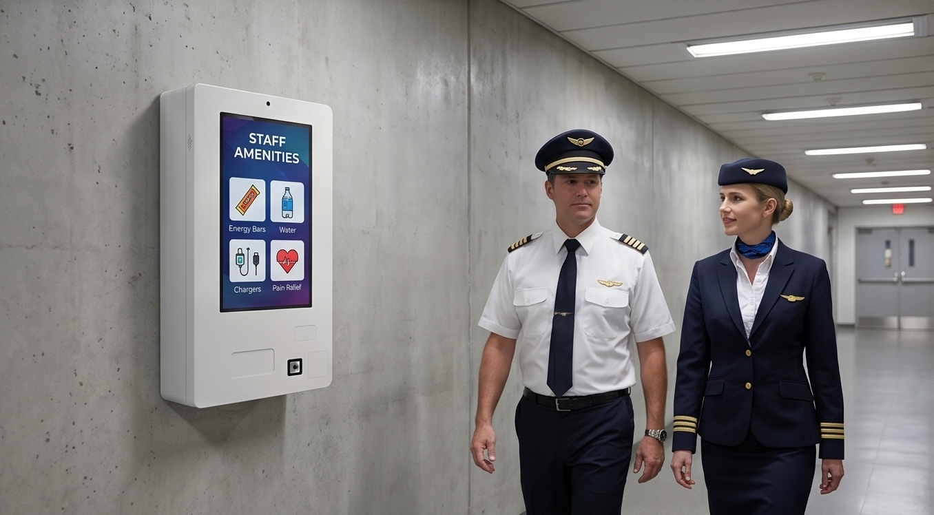 Wall-mounted essentials vending machine in an airport staff corridor