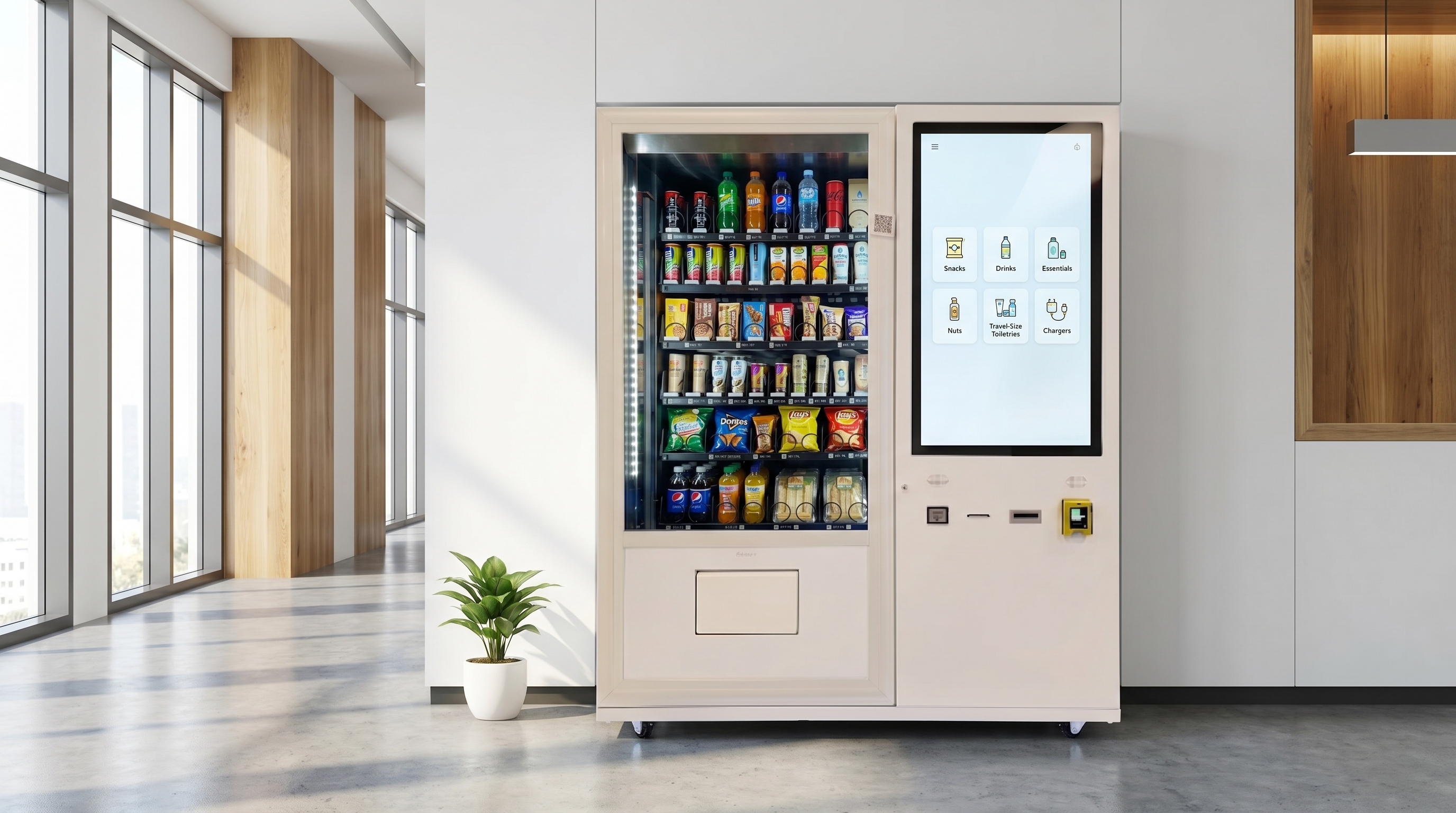 Smart vending machine placed in a bright campus-style lobby for unattended convenience sales