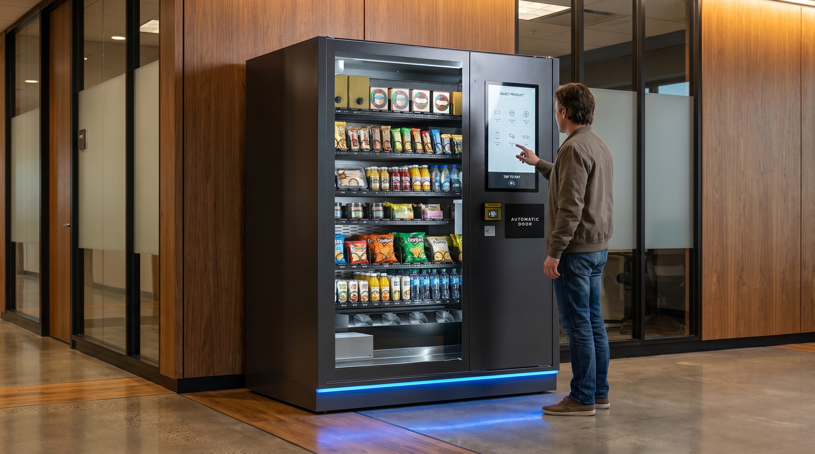 Customer using a touchscreen smart vending machine in a reception-area retail scenario